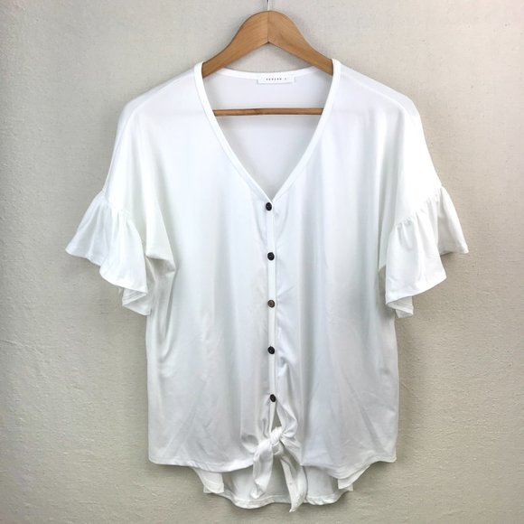 Reborn J White Button Up Tie Front Ruffle Short Sleeve Top - Picture 8 of 14